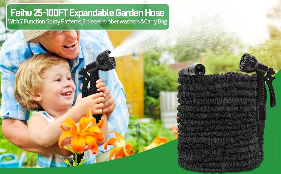 3X Telescopic Heavy-Duty Rubber Garden Hose with High-Pressure Water Gun - 3/4 Inch All-Season Outdoor Hose for Car Wash, Lawn Care & Yard Work, Includes European Thread Adapter