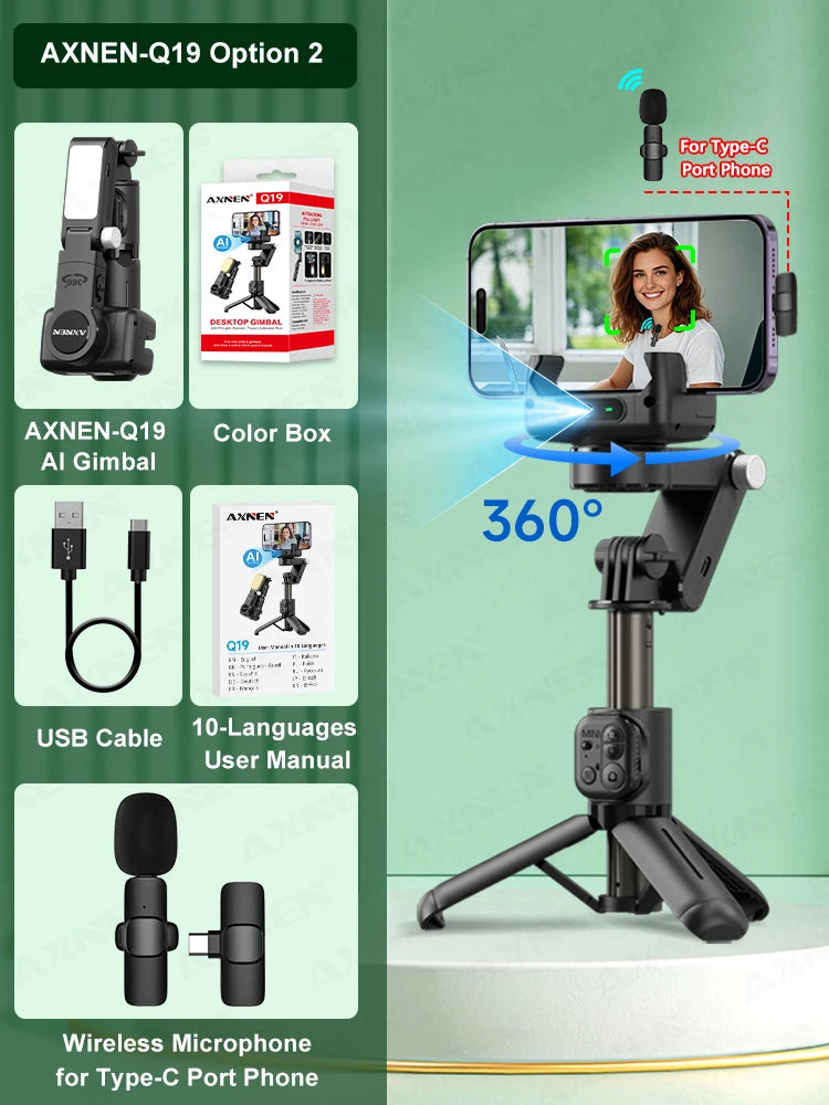 AXNEN Q19 AI Gimbal – 360° Face Tracking with Fill Light