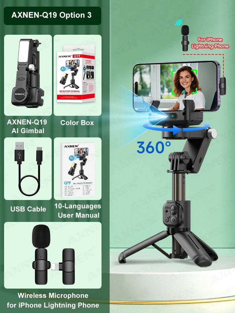 AXNEN Q19 AI Gimbal – 360° Face Tracking with Fill Light