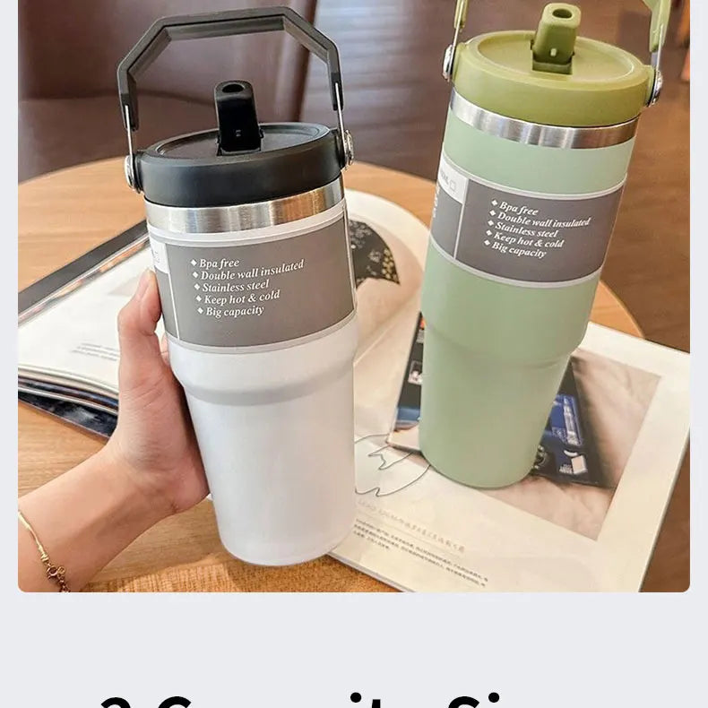 Vacuum Tumbler with Lid Stainless Steel Portable Water Bottle with Dazzling Handle Insulated Tumbler Tote Handle 20 30 OZ