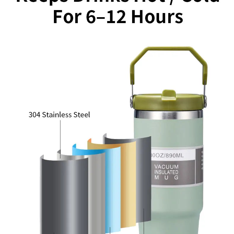 Vacuum Tumbler with Lid Stainless Steel Portable Water Bottle with Dazzling Handle Insulated Tumbler Tote Handle 20 30 OZ