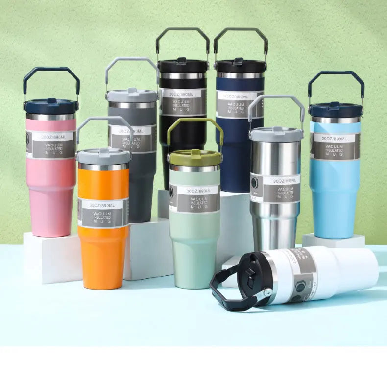Vacuum Tumbler with Lid Stainless Steel Portable Water Bottle with Dazzling Handle Insulated Tumbler Tote Handle 20 30 OZ