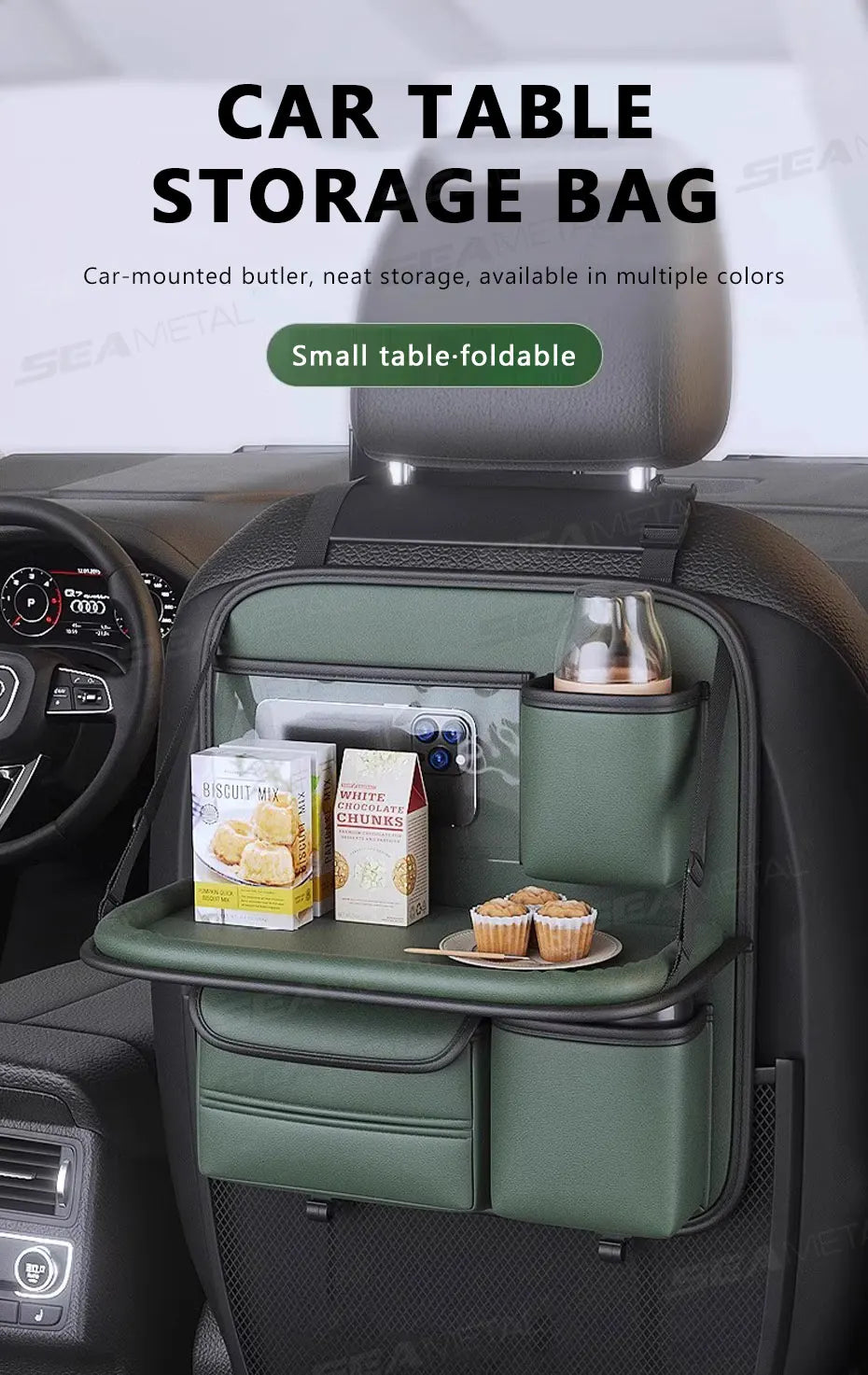 SEAMETAL Car Seat Organizer – Foldable Tray & Multi-Pocket Storage