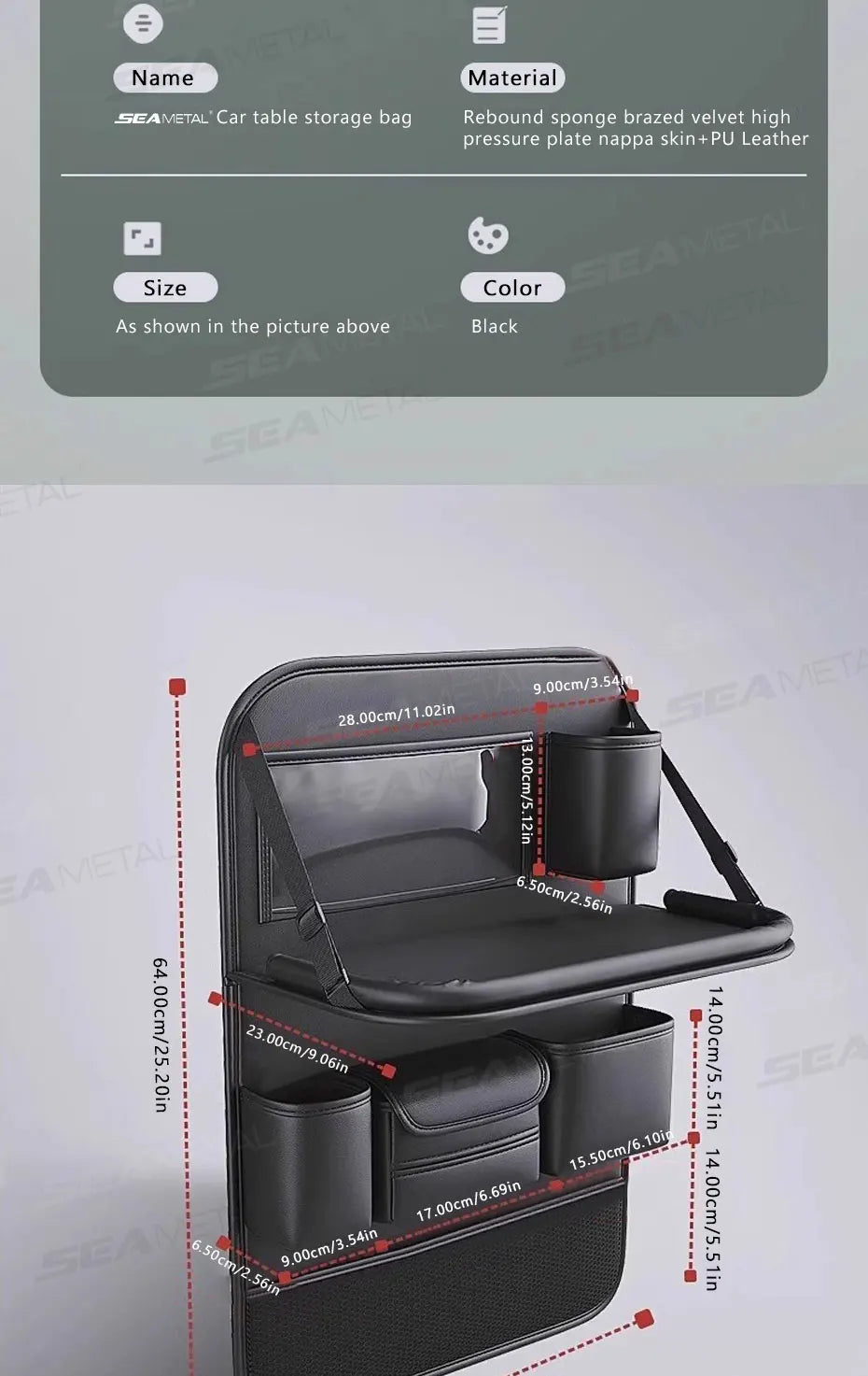 SEAMETAL Car Seat Organizer – Foldable Tray & Multi-Pocket Storage