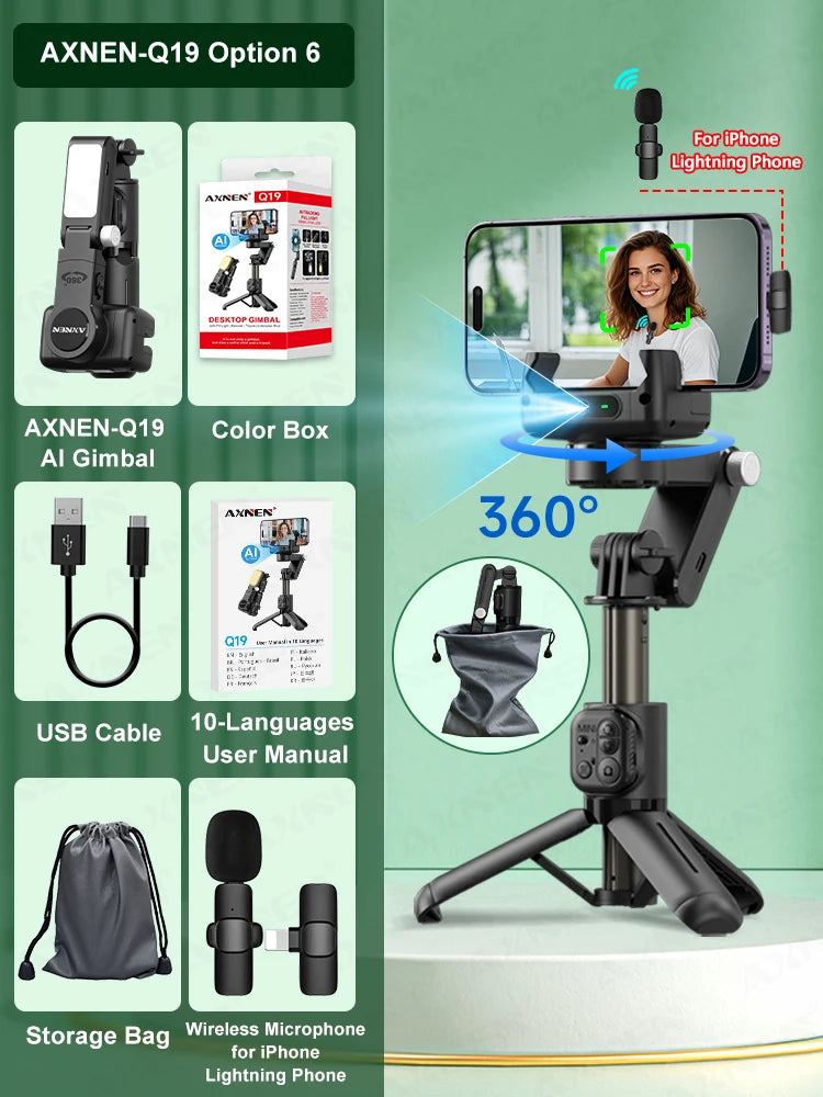 AXNEN Q19 AI Gimbal – 360° Face Tracking with Fill Light