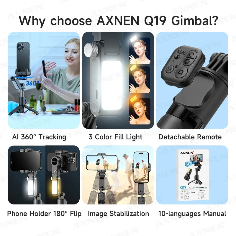 AXNEN Q19 AI Gimbal – 360° Face Tracking with Fill Light