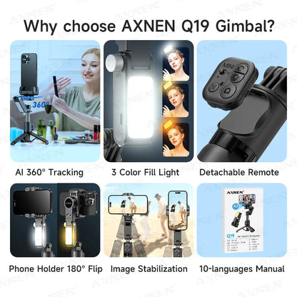AXNEN Q19 AI Gimbal – 360° Face Tracking with Fill Light