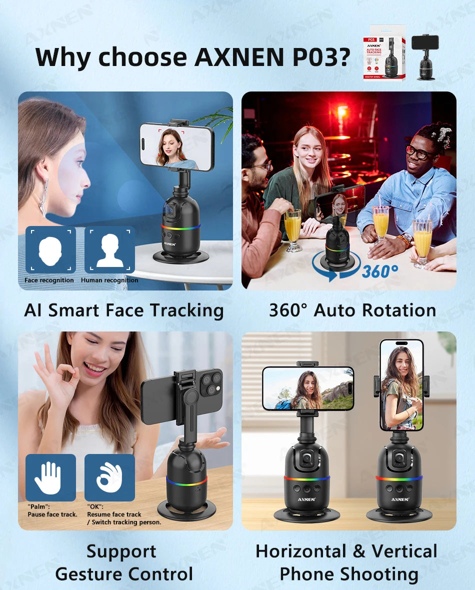 AI Face Tracking Gimbal – 360° Auto Rotate Selfie Stabilizer