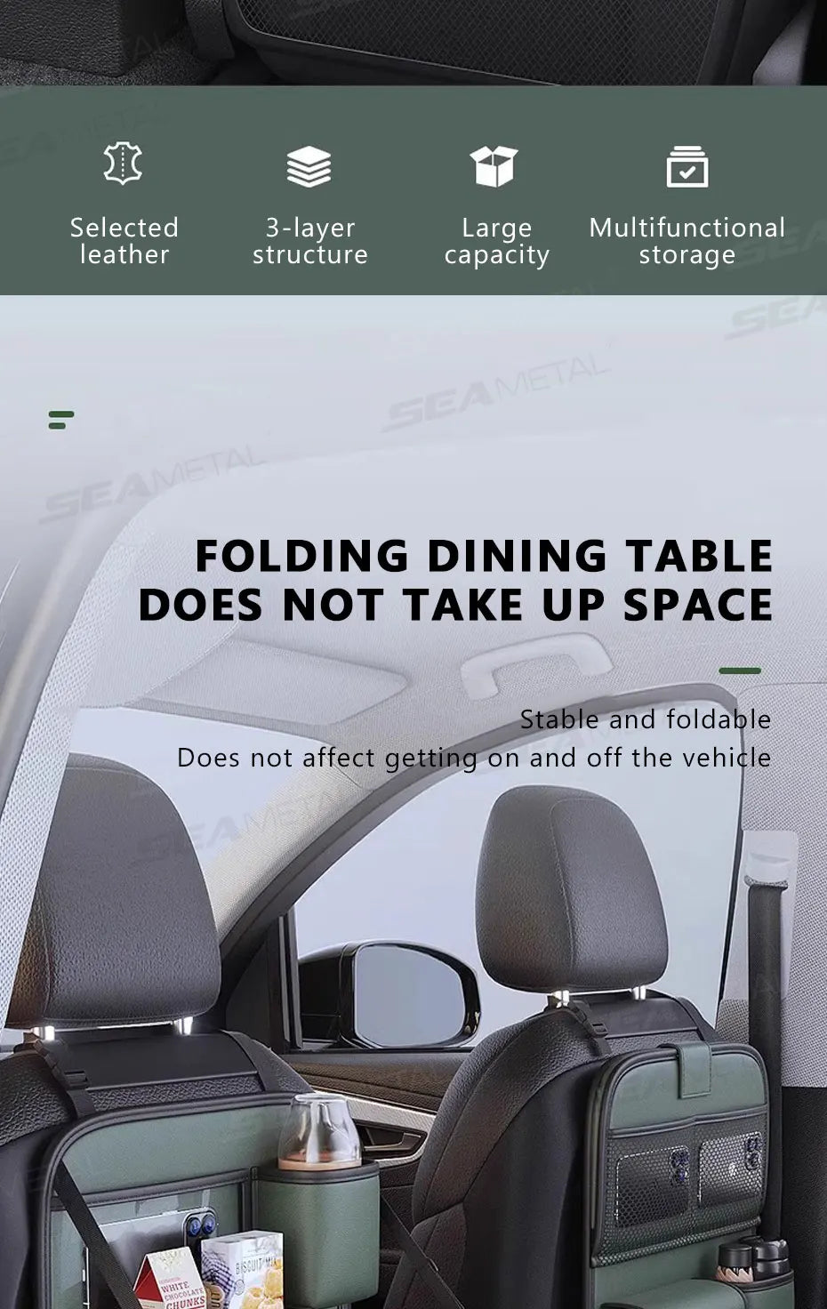 SEAMETAL Car Seat Organizer – Foldable Tray & Multi-Pocket Storage