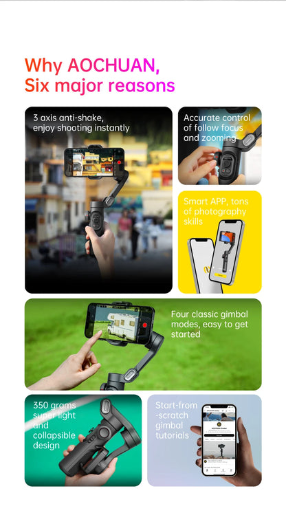 AOCHUAN 3-Axis Handheld Gimbal Stabilizer SmartXE for Smartphone for iPhone Android AI Face Tracking TikTok Vlog