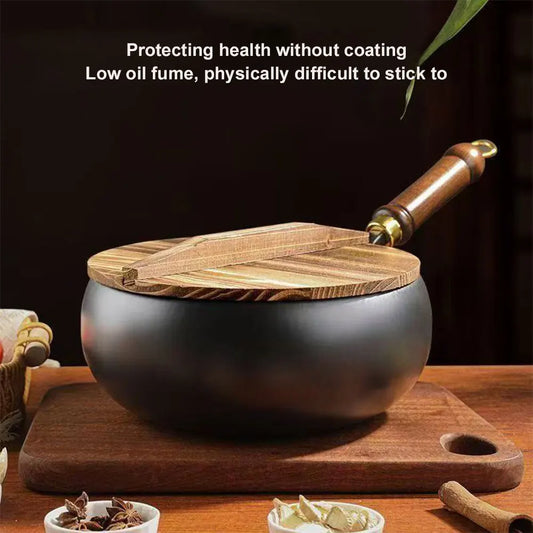 Nonstick Wok with Wooden Handle Iron Wok Uncoated Iron Pan for Indoor and Outdoor Cooking